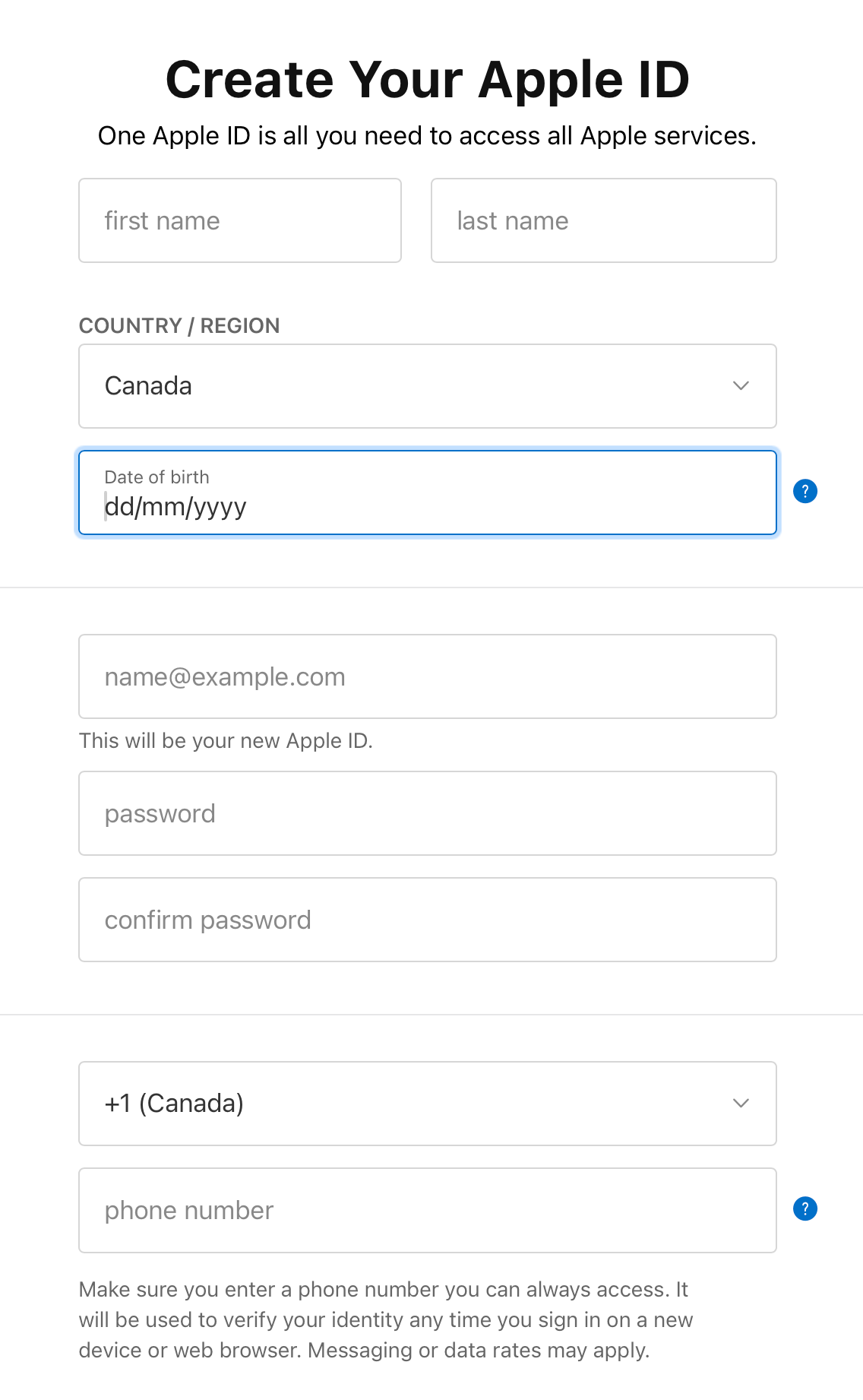 Apple Create Account Form